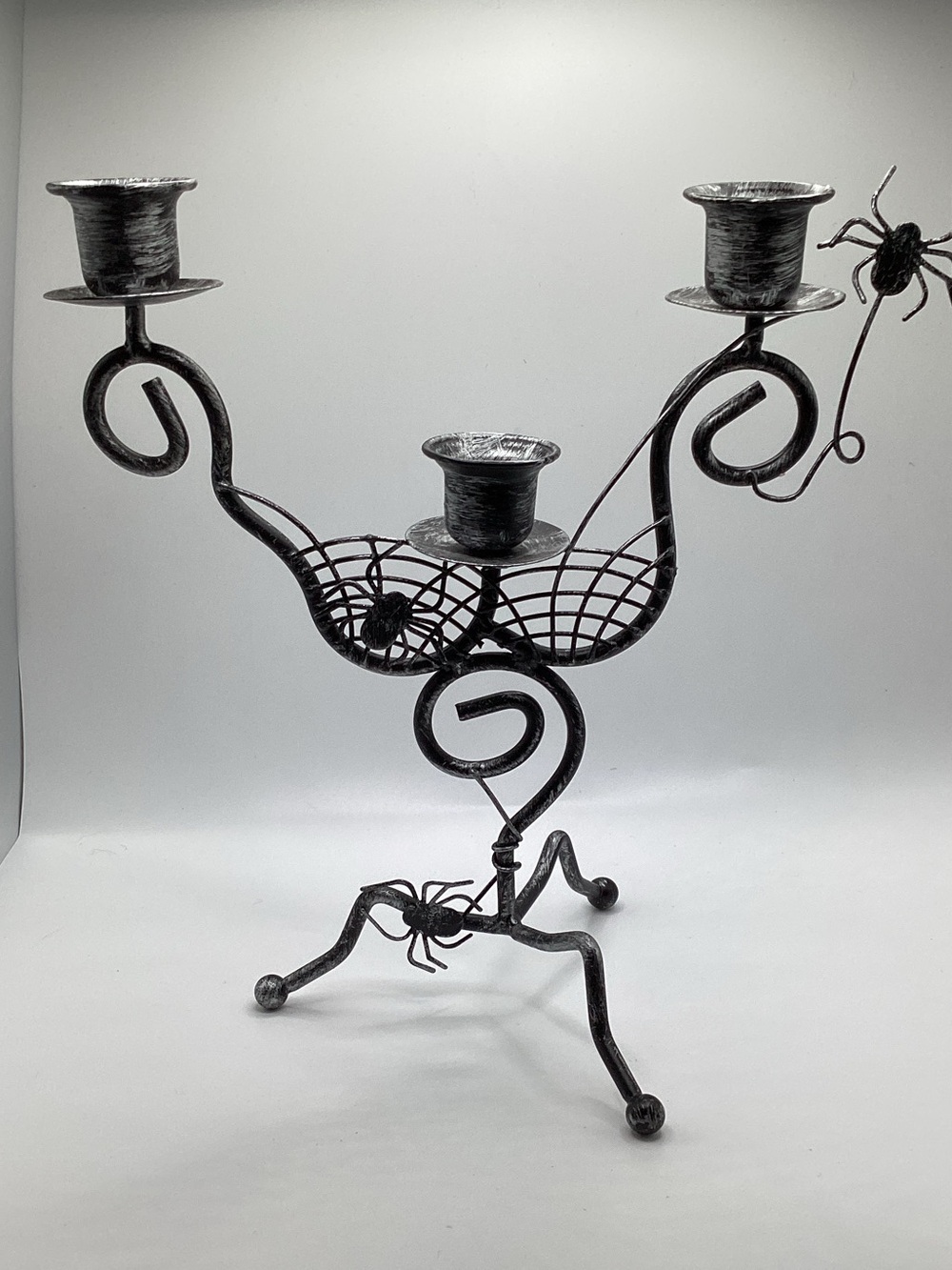 Halloween Brushed Black Spider Web 3 Candle Holder